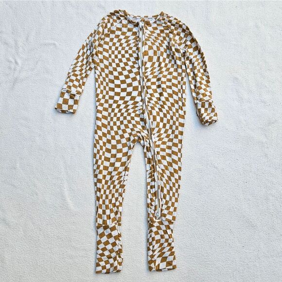 Brixton Phoenix Cream and Brown Wavy Checker Bamboo Zip Romper 12-18M - Picture 1 of 10